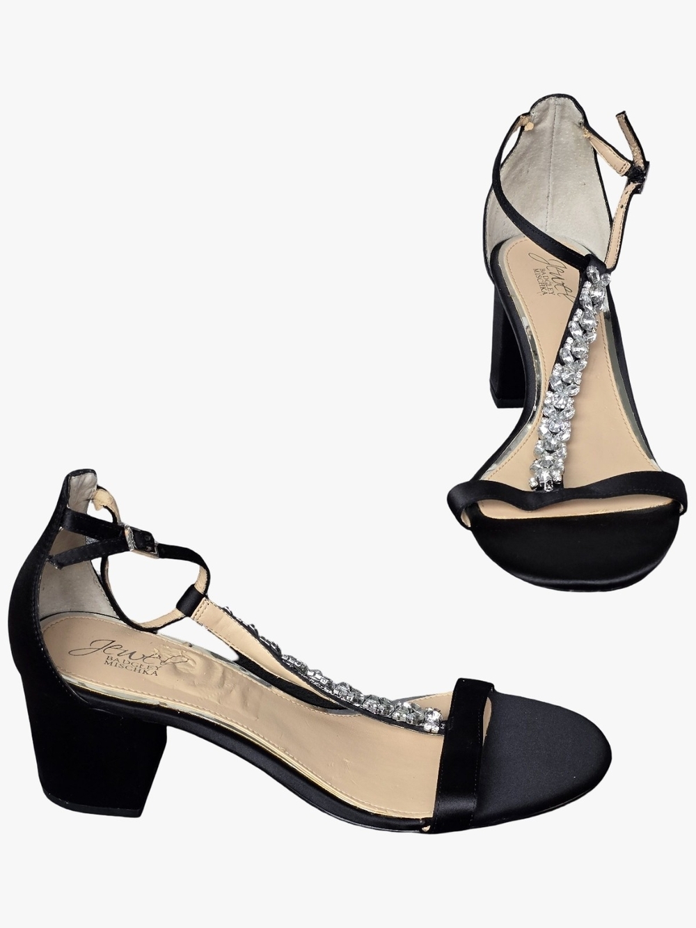 Jewel Badgley Mischka Lindsey Block-Heel Black Evening Sandal Sz 9.5 Wedding - Picture 5 of 10